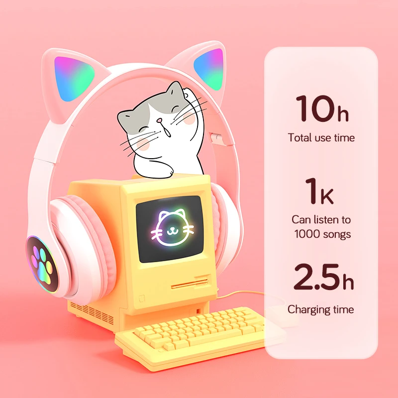 Flash de Lumină Pisica Drăguț Bluetooth fără Fir Căști cu Microfon Poate controla Copil LED Fata Stereo Bass Muzica Cască setul cu Cască de Telefon Cadou