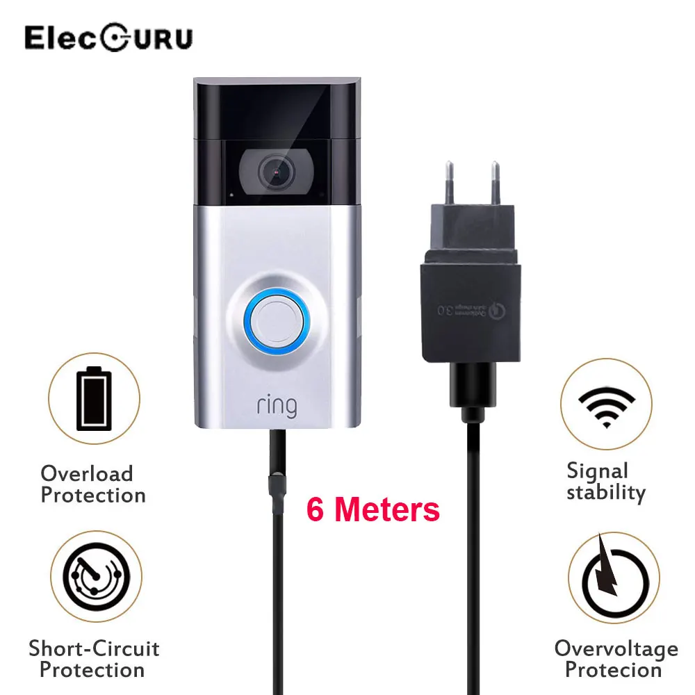 19.68 ft/6m Cablu de Încărcare cu Adaptor pentru Inel Video Usa 2,Cablu de Alimentare+QC Quick Charge 3.0 Adaptor de Alimentare(EU/US/UK Plug)