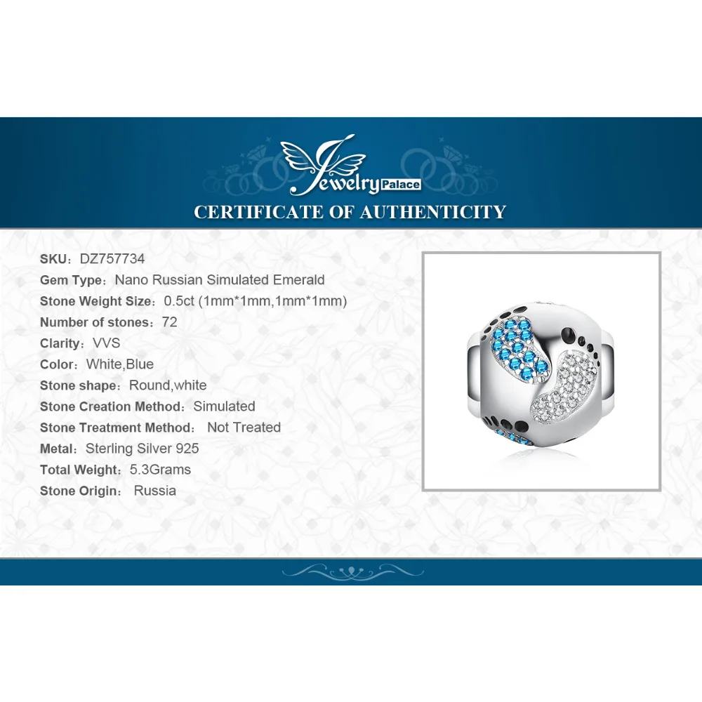 JewelryPalace Copilărie Fericită Cubic Zirconia Creat Albastru Safir Amprenta Argint 925 Farmecul Margele 2019 Noi De Vânzare Fierbinte
