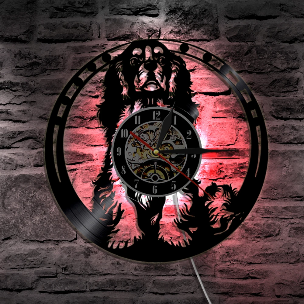 Cavalier King Charles Spaniel Dog Vinyl Ceas de Perete Cu LED Backlight de Companie Cățeluș Agățat de Perete Decor Modern Lumina