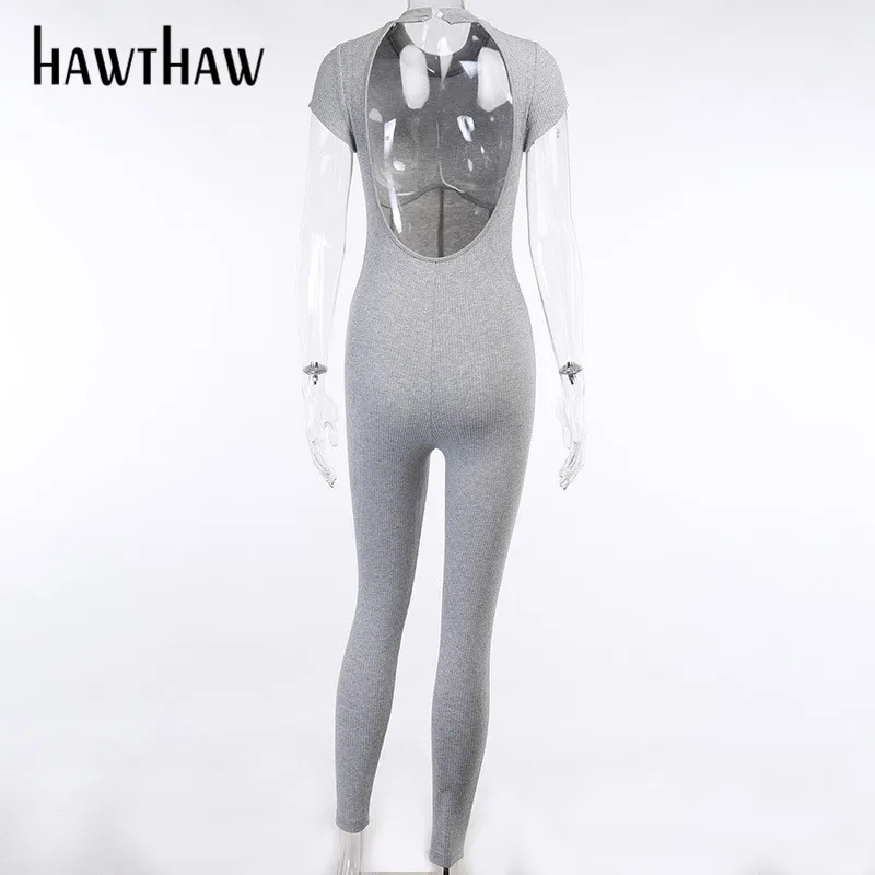 HAWTHAW casual pentru femei de vară gri cu maneci scurte elastic antrenament de fitness sport skinny-o singură bucată salopeta costum de haine