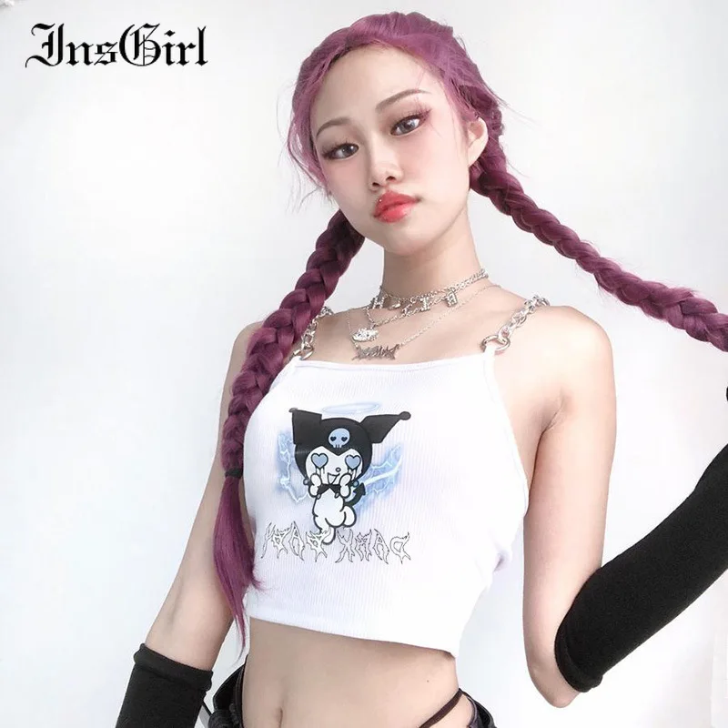 InsGirl Harajuku Dulce Drăguț Camis Femei Streetwear Grunge Diavolul Tipărite Lanț Bodycon Culturilor Rezervor Topuri Y2k Rero Casual Vesta De Sex Feminin