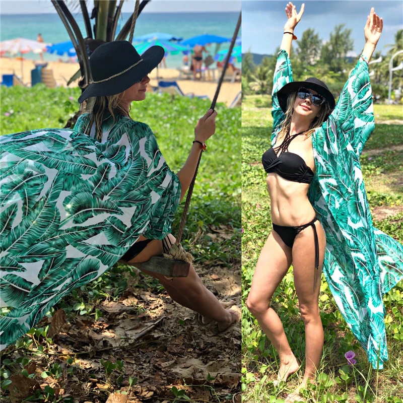 Pene Verzi De Imprimare Șifon Cardigan Chimono Pentru Femei De Vară Pe Plajă Purta Costume De Baie De Acoperire-Up Sarong Plage Pareo Plaja Tunica N635