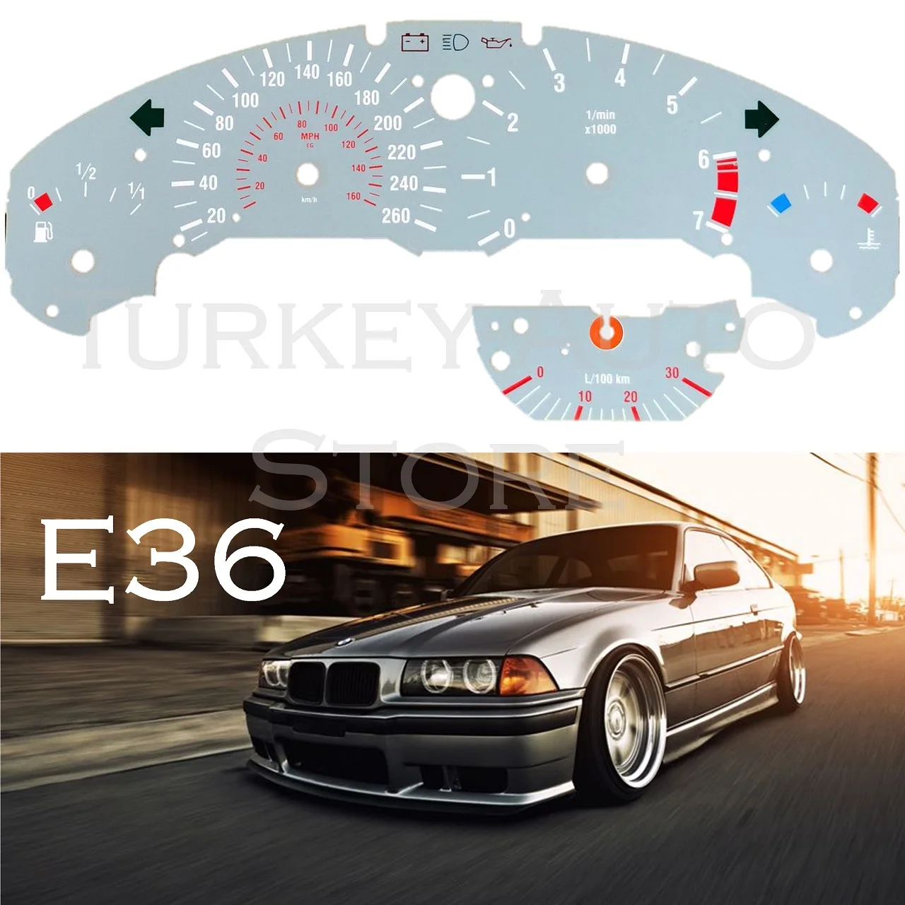 De bord Indicator de Bord pentru BMW E36 Accesorii Auto Vitezometru 260 240 220 KM / h KMH Reînnoire Performance Tuning Sport M technic Grey