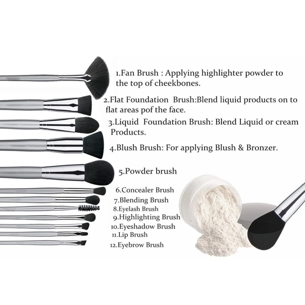 12 BUC Set de Perii Machiaj Sintetice Premium Silver Fundația Amestecare Fard de obraz Pudra de Fata Pensula Make up Brush Kit de Instrumente