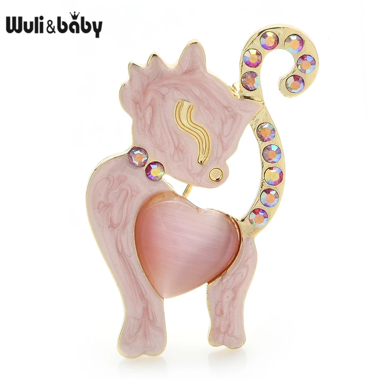 Wuli&copilul Roz Opal cu Inima Cat Ace de Brosa Pentru Femei Email Animale Pin 2021 Anul Nou Moda Bijuterii Cadou