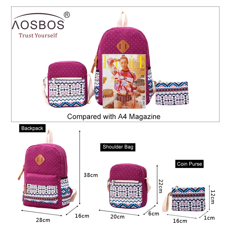 Aosbos 3Pcs/set Imprimare Panza ghiozdane pentru Fete Adolescente Print Floral Rucsaci de sex Feminin de Epocă Sac de Școală mochila escolar