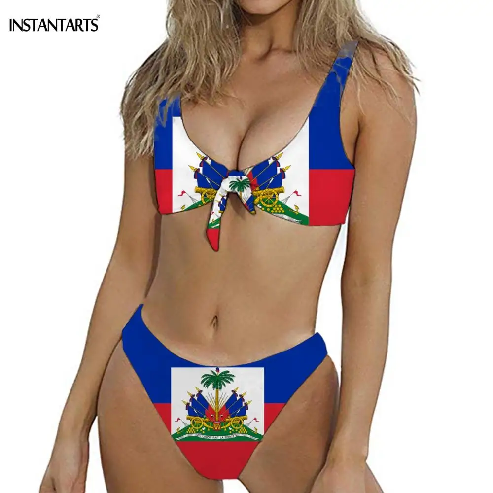 INSTANTARTS 2019 Moda Haiti Steaguri Model Papion Costume de baie de Vară 2 Bucata Set Costume de baie Sexy Femeie de Baie Beachwear