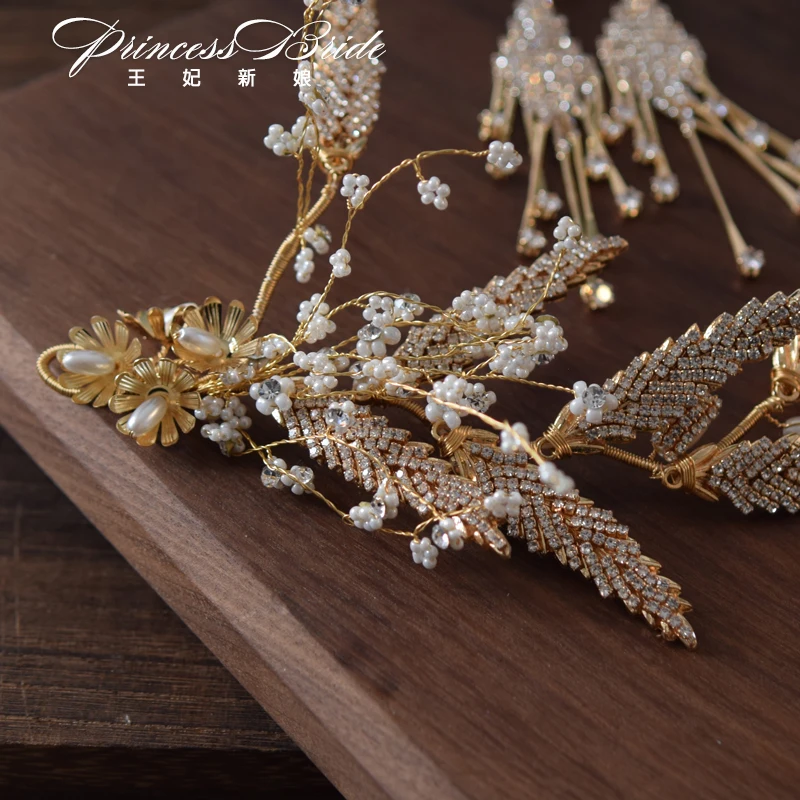 De aur de Cristal parul lung bijuterii Partea cristal Hairband cercei de Mireasa Accesorii de Par