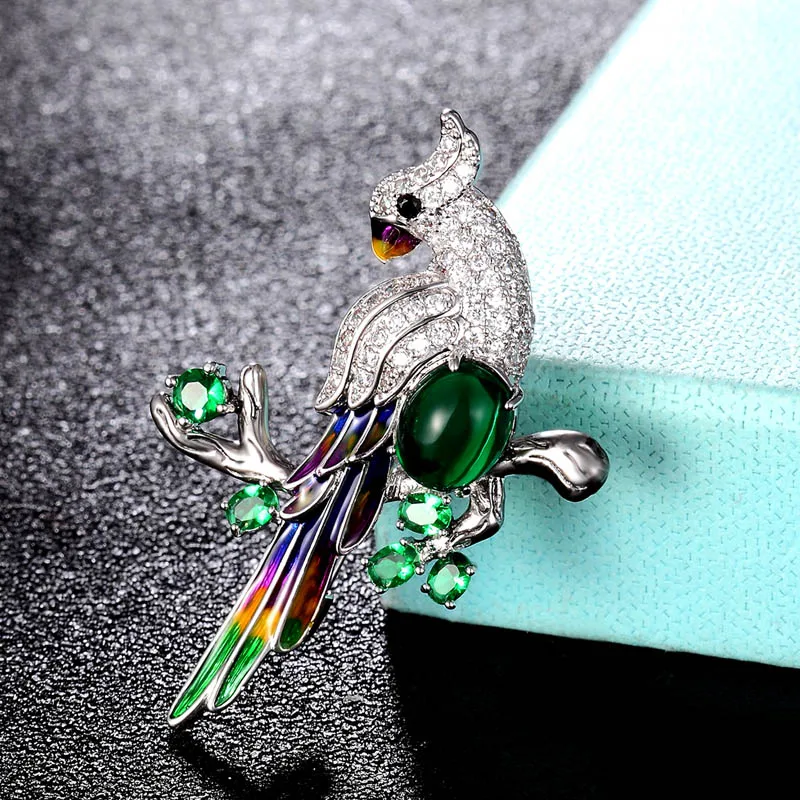 Zlxgirl Metal cupru Verde papagal păsări Broșe Oameni de Zircon Cubic Petrecere de Nunta Bijuterii Hijab Ace de Haine Accesorii