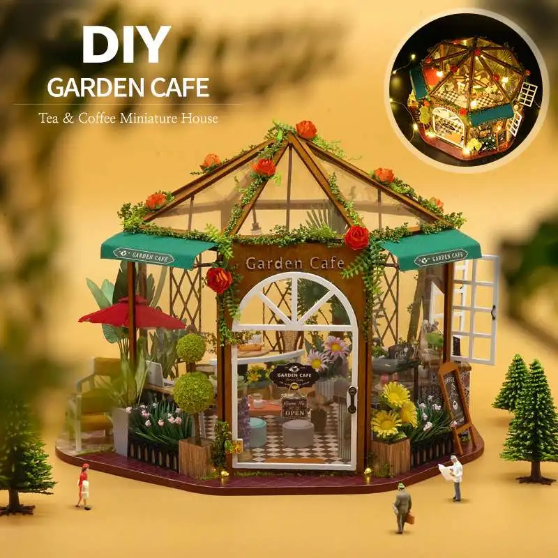Miniatura DIY Păpuși Garden Cafe din Lemn, Păpuși Kit cu Lumini LED-uri si Instrumente de Jucarii pentru Copii Cadou de Ziua de nastere