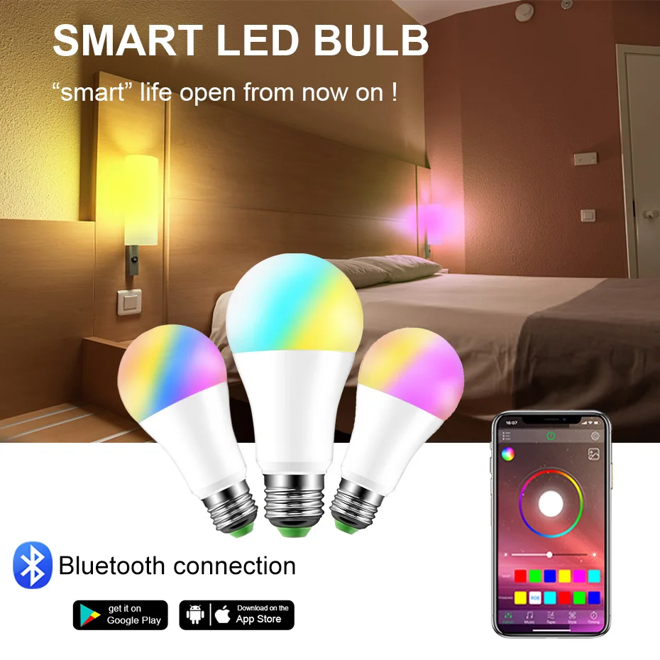 B22 E27 Bec Inteligent 220V LED Estompat Bluetooth LED RGB Bec / WIFI reglaj Luminozitate Bec 15W cald alb rece lamp D4