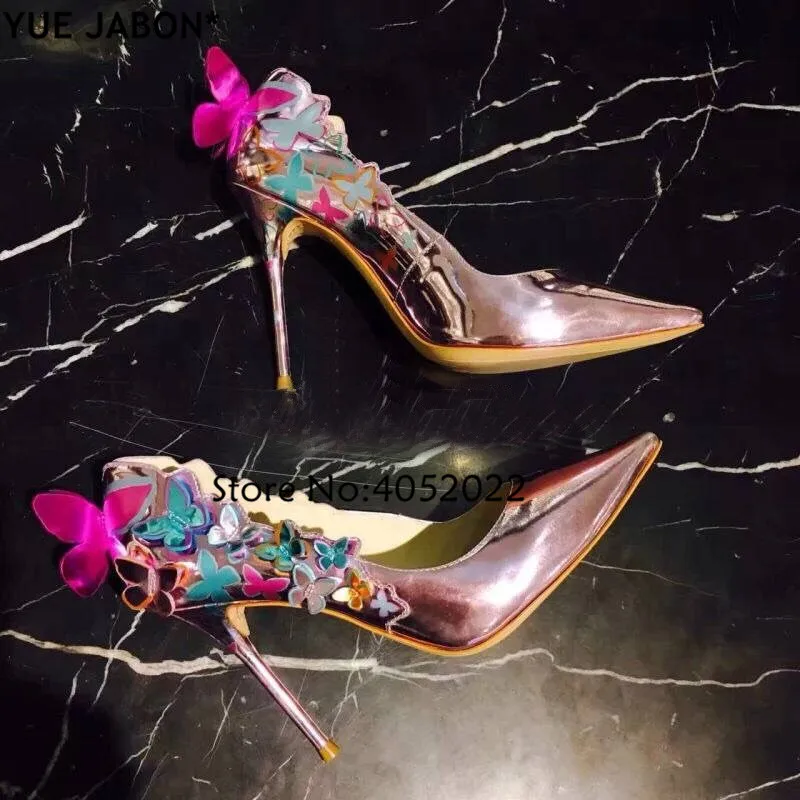 YUE JABON de Lux din Piele Pantofi cu Toc Femei Fluture Floare a Subliniat Toe Superficial Gura Roz Violet Pompe Lady pantofi de Nunta
