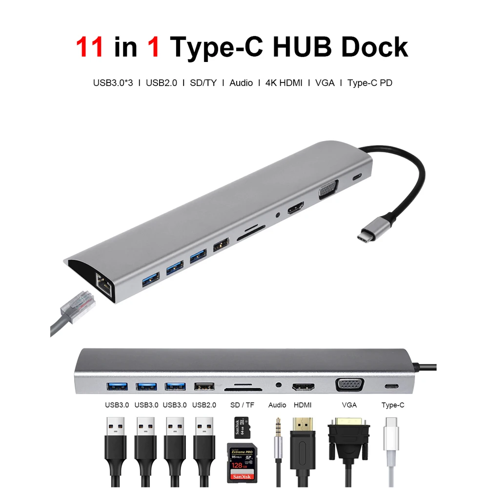 DeepFox 11-În-1 de Tip C Hub USB C la HDMI VGA Lan Porturi USB 3.0 SD/TF Card Reader USB-C Livrare de Energie pentru MacBook Pro