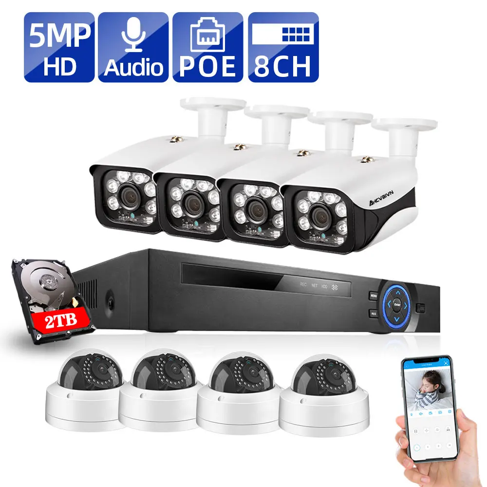 8CH 5MP NVR Wireless POE Securitate 8 buc Bullet&Dome IP, Sistem de Camera IR-CUT P2P CCTV de Supraveghere Video Recorder Kit Fata Record