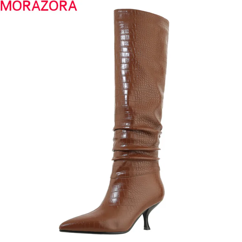 MORAZORA 2020 piele naturala cizme de moda a subliniat toe stilet tocuri doamnelor pantofi de iarnă negru culoare maro cizme genunchi ridicat