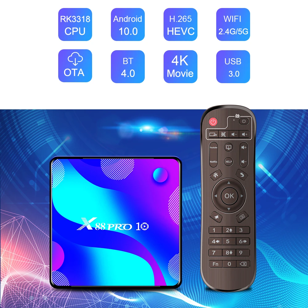 10buc x88 borna PRO 10 Android 10.0 Smart TV Box 4GB 128GB RK3318 BT4.0 TVBOX 2.4&5.8 G Dual Wifi Media Player Youtube 4K Set Top Box