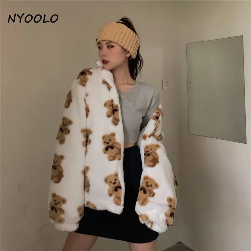NYOOLO 2020 Epocă Streetwear Ursi Drăguț Model cu Maneca Lunga din Blana de Iepure cu Fermoar Cald Căptușit Haine pentru Femei de Iarnă Liber de Îmbrăcăminte