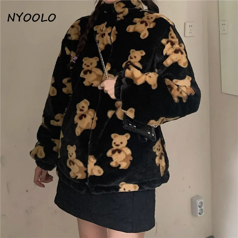 NYOOLO 2020 Epocă Streetwear Ursi Drăguț Model cu Maneca Lunga din Blana de Iepure cu Fermoar Cald Căptușit Haine pentru Femei de Iarnă Liber de Îmbrăcăminte