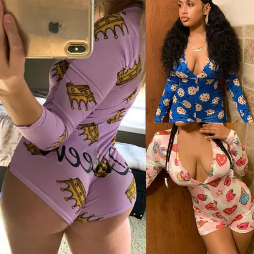Femei Sexy Tipărite Îmbrăcăminte Acasă Body Maneca Lunga V Adânc Gât Tricou Stretch Romper Pijamale Femei Salopeta