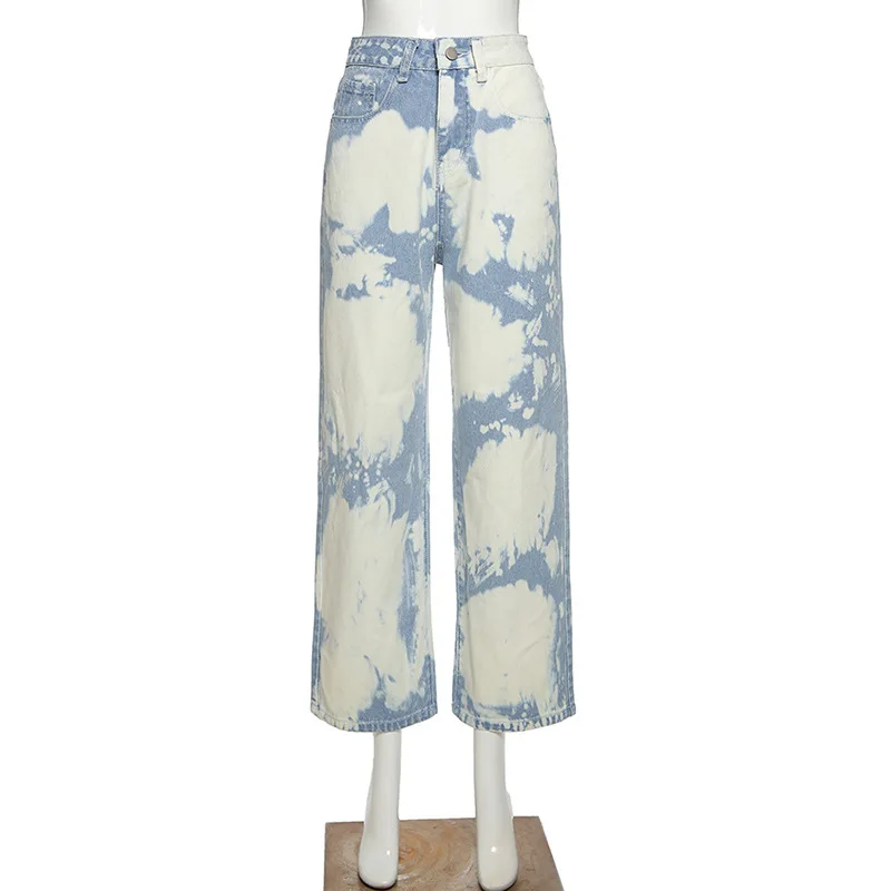 Tie Dye Print de Înaltă Talie Umflat Mama Blugi Femei se Încadrează În 2020 Y2k ' 90 Streetwear Haine Largi Picior Albastru Vintage Prietenul Pantaloni Denim