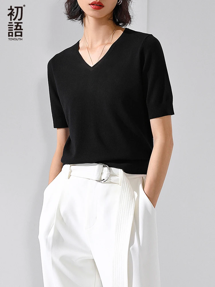 Toyouth Vara Noi de Sosire, Femeile Solid Slim Moda V-neck Temperament Scurt Pulover Tricot Bottom T-shirt Pentru Femeie