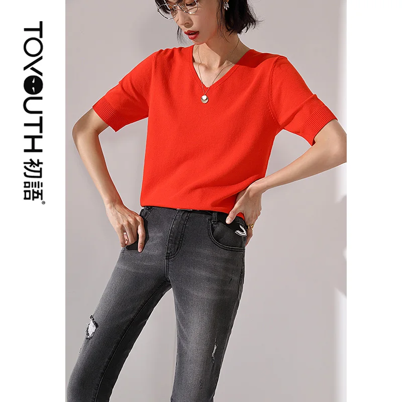Toyouth Vara Noi de Sosire, Femeile Solid Slim Moda V-neck Temperament Scurt Pulover Tricot Bottom T-shirt Pentru Femeie