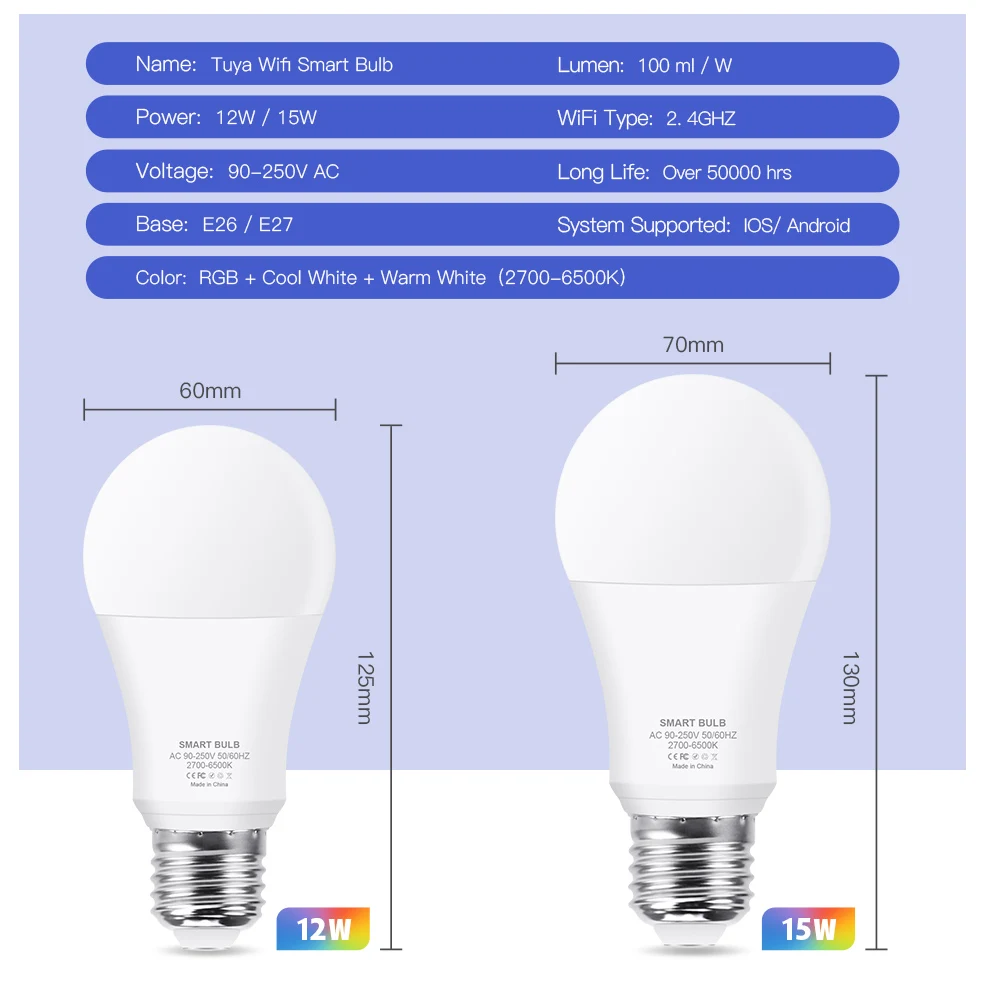 12W 15W WiFi Inteligent Bec E26 E27 LED RGB Lampa de Lucru cu Alexa/Google Casa Tuya de Viață Inteligentă APP Estompat RGB+Alb+Alb Cald
