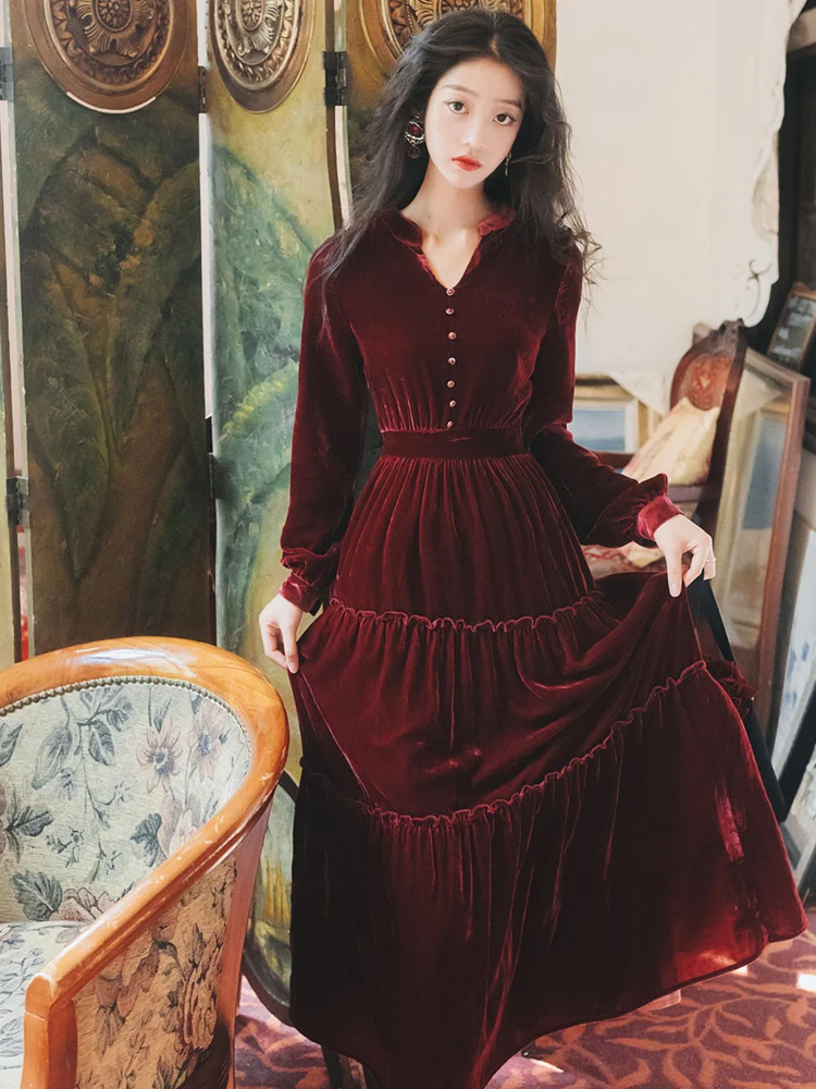 YAMDI rochii de epocă femei 2020 lux pista boho o-linie primăvară maneca lunga petrecere rochie de catifea elegant solid de vin roșu vestidos