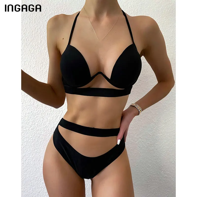 INGAGA Talie Mare Bikini Negru Costume de baie Costume de baie Femei cu Push-Up Biquini Taie Costume de Baie Ștreangul Șir Beachwear 2021 Noi