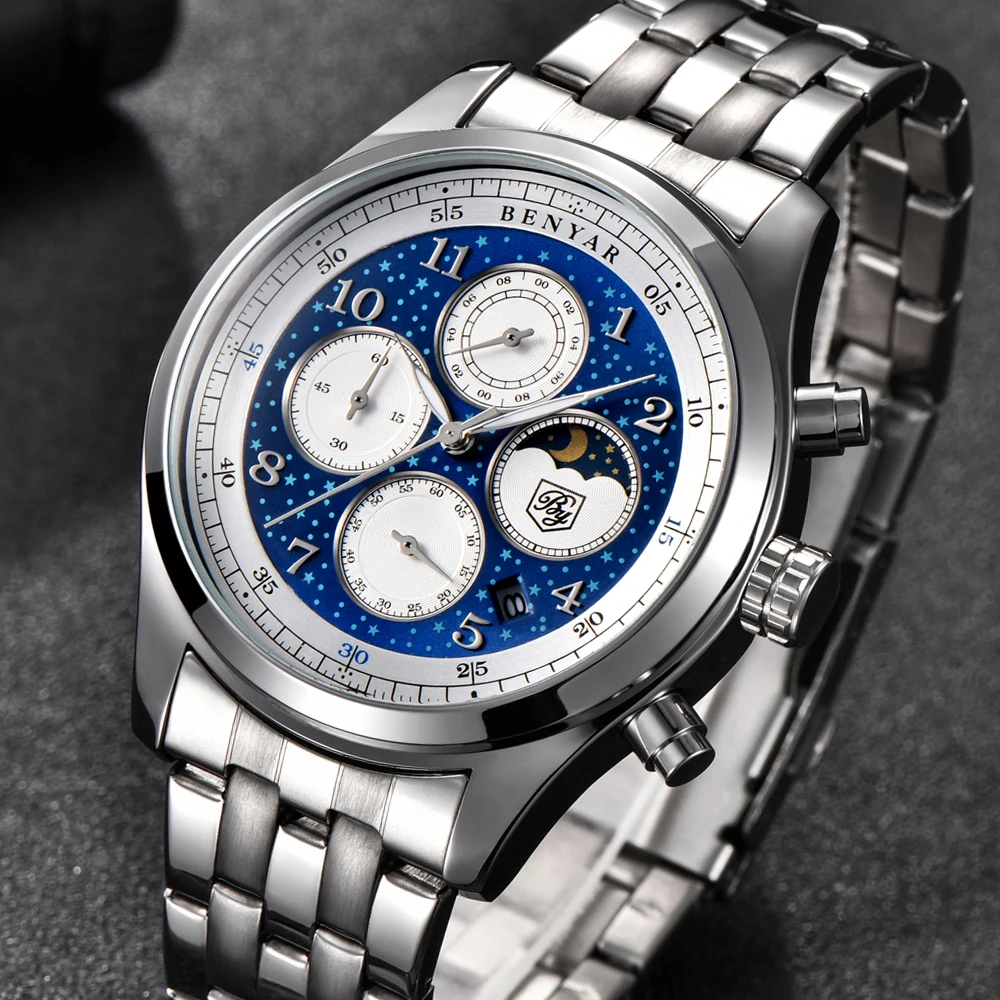 Benyar Cuarț Încheietura Ceas pentru Bărbați de Lux din Oțel Inoxidabil Classic Blue Star Dial Calendar de sex Masculin Cronograf Ceas Analogic pentru Bărbați Ceasuri