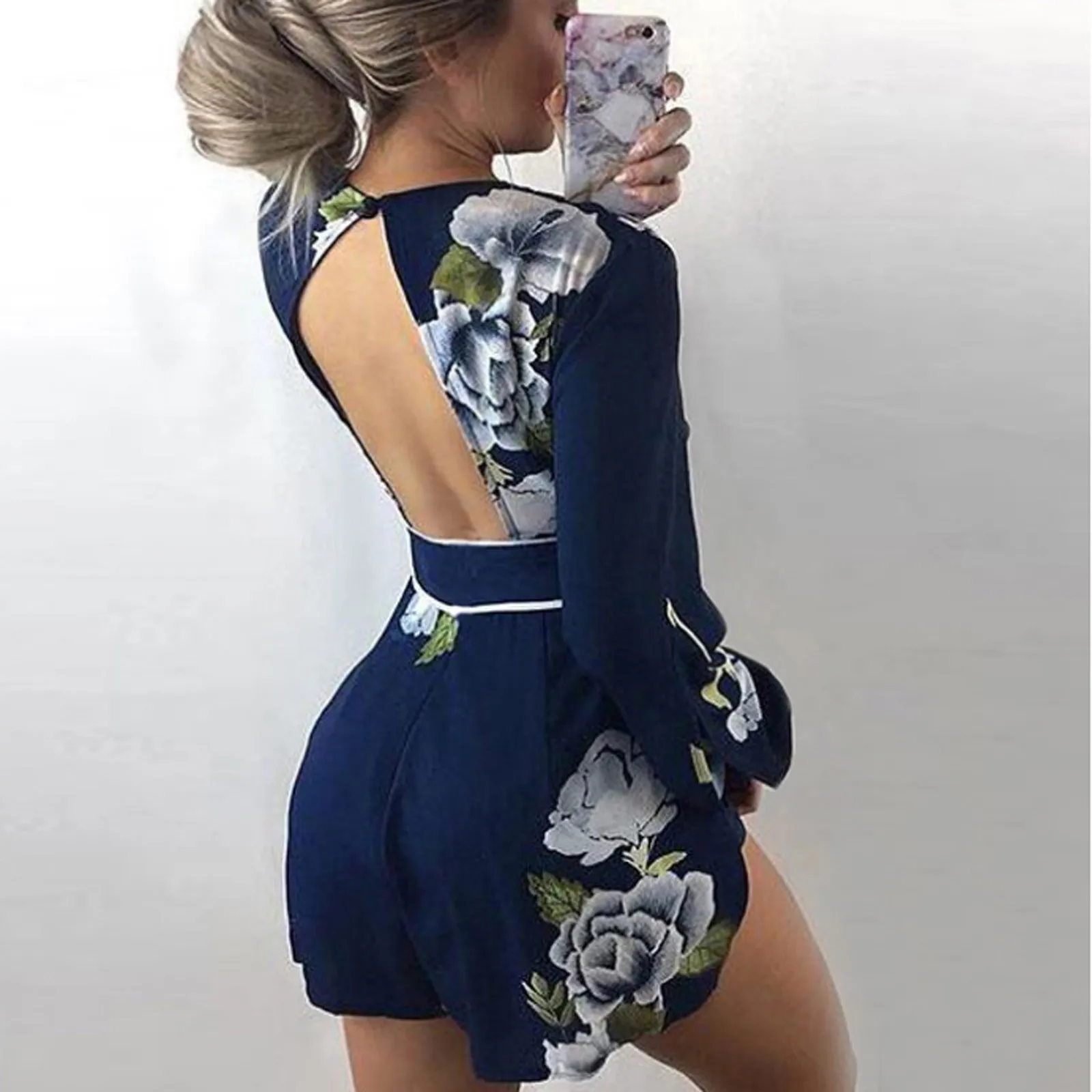 Rochii pentru femei de Moda Sexy V-gât Deschis Înapoi Imprimat cu Maneci Lungi dintr-O bucata, pantaloni Scurți Женское Платье
