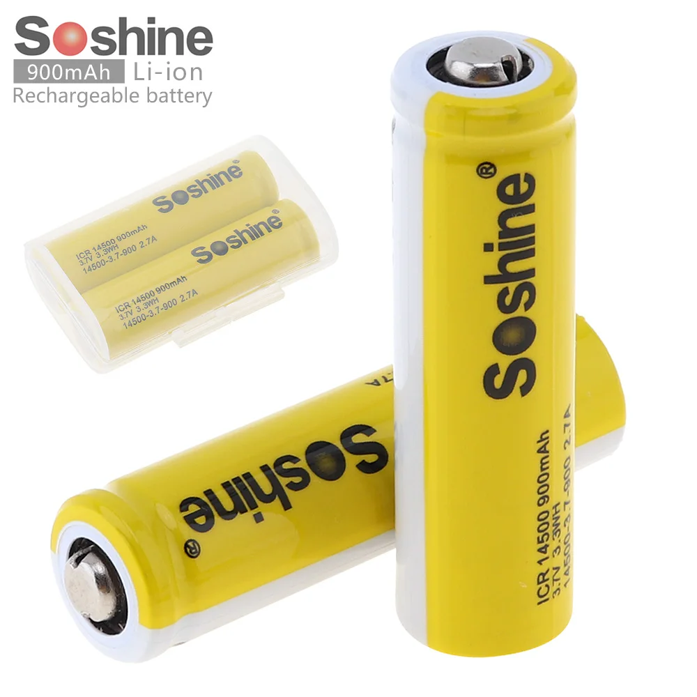 2 buc/lot Soshine 3.7 V 900mAh ICR 14500 Li-ion Baterie Reîncărcabilă cu Supapa de Siguranta + a Bateriei Cutie de Depozitare de Caz