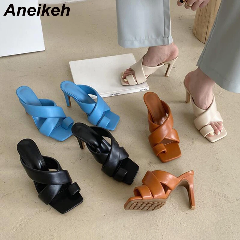 Aneikeh Noi de Vară 2020 Femei Pantofi Papuci de casă Pinch deget de la picior Cauciuc de Bază PU Solid în Afara Tocuri Subtiri Adult Superficial Square Toe Slide-uri