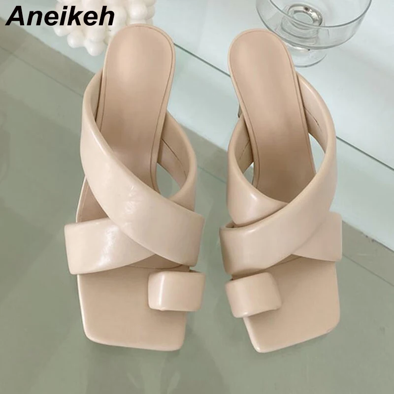 Aneikeh Noi de Vară 2020 Femei Pantofi Papuci de casă Pinch deget de la picior Cauciuc de Bază PU Solid în Afara Tocuri Subtiri Adult Superficial Square Toe Slide-uri