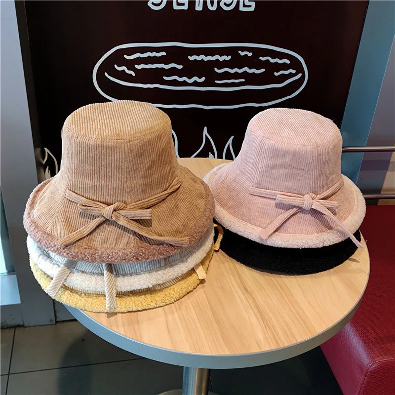 Iarna toamna pantaloni de catifea cord bowknot găleată pălărie de lână groasă ține de cald doamnă la modă reglabil strada purta pălărie, îmbrăcăminte montaj capac