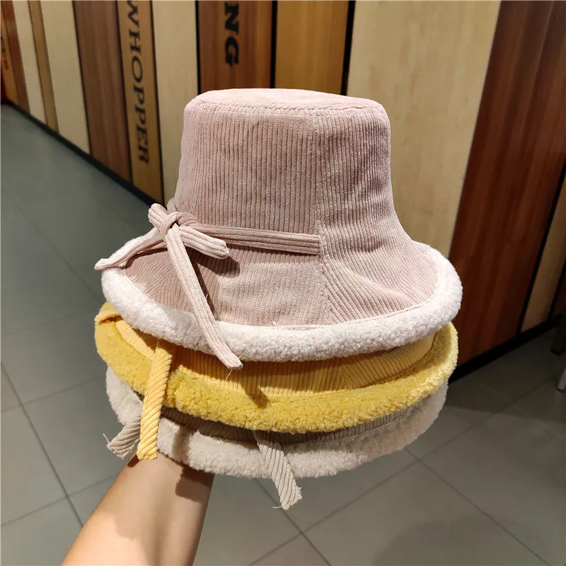 Iarna toamna pantaloni de catifea cord bowknot găleată pălărie de lână groasă ține de cald doamnă la modă reglabil strada purta pălărie, îmbrăcăminte montaj capac
