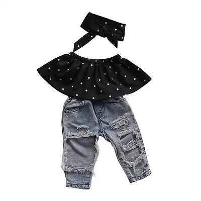 Pudcoco de Valori din SUA Noua Moda Copilul Fete pentru Copii Haine Negre Bluza Gaura de Sus Casual Pantaloni din Denim Haine Set
