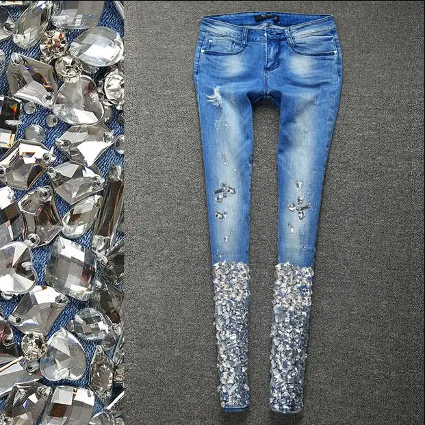 Femei de Argint Blugi cu Strasuri Paiete Blugi cu Cristal de Diamant Creion Skinny jeans plus size