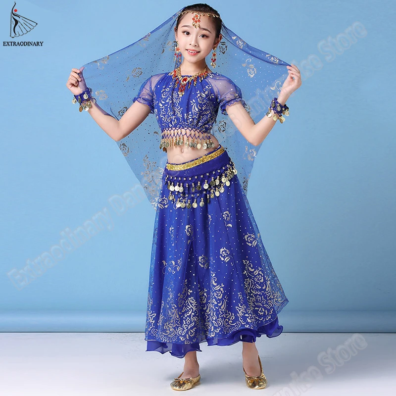 Nouă Copii Belly Dancing India Copii Dans Bollywood Set Costum Sari Costum De Halloween Top Șifon Curea Fusta Voal Caciulita