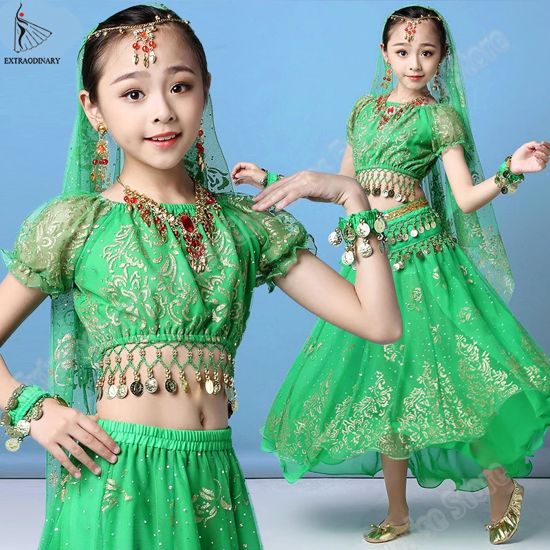 Nouă Copii Belly Dancing India Copii Dans Bollywood Set Costum Sari Costum De Halloween Top Șifon Curea Fusta Voal Caciulita