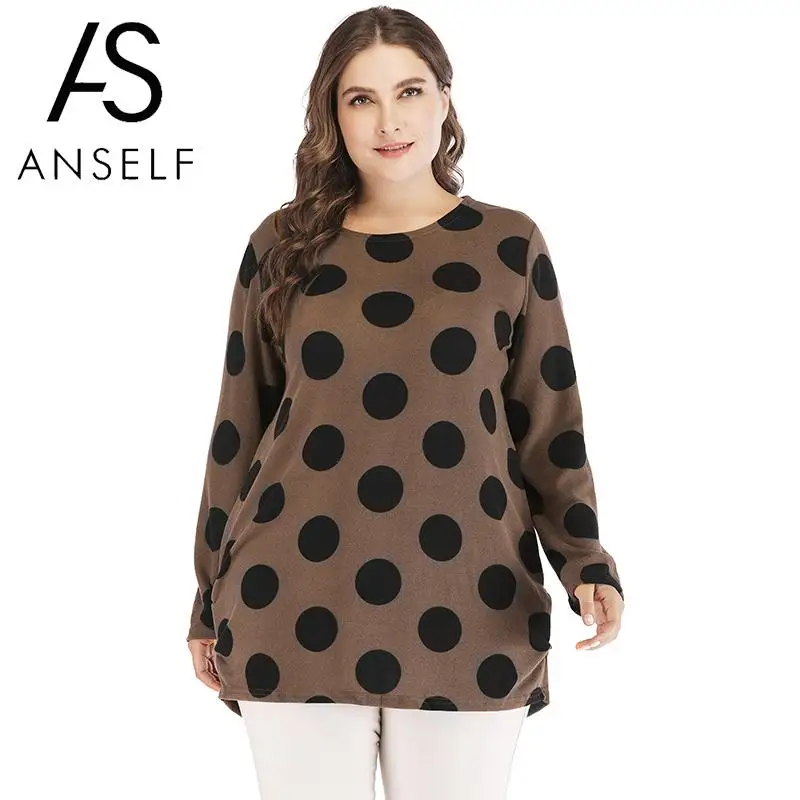 Anself Plus Dimensiune Kpop Tricou coreea Moda Femei Slouchy tricou cu Buline Rotunde Gât Tricotate Lungi Tricou Pulover Topuri de Cafea