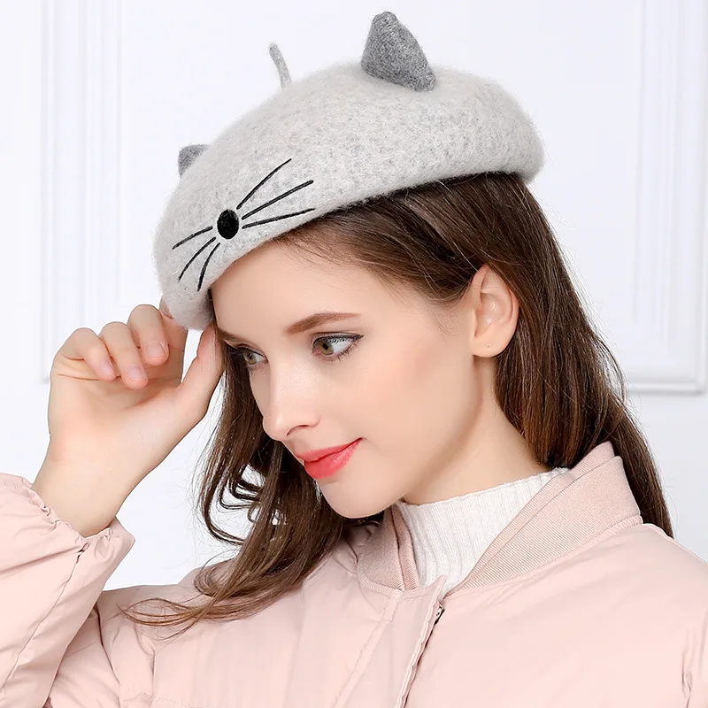VISROVER 2019 noua femeie de lână de iarnă bereta de sex feminin drăguț pisica lână capac toamnă iarnă pălărie solid top Femei de calitate ridicata Boina