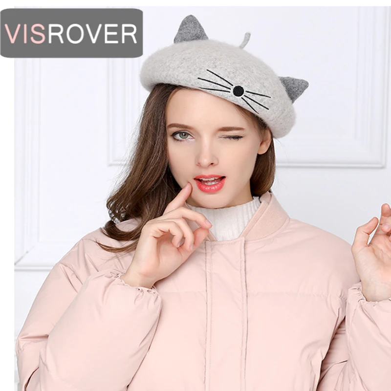 VISROVER 2019 noua femeie de lână de iarnă bereta de sex feminin drăguț pisica lână capac toamnă iarnă pălărie solid top Femei de calitate ridicata Boina