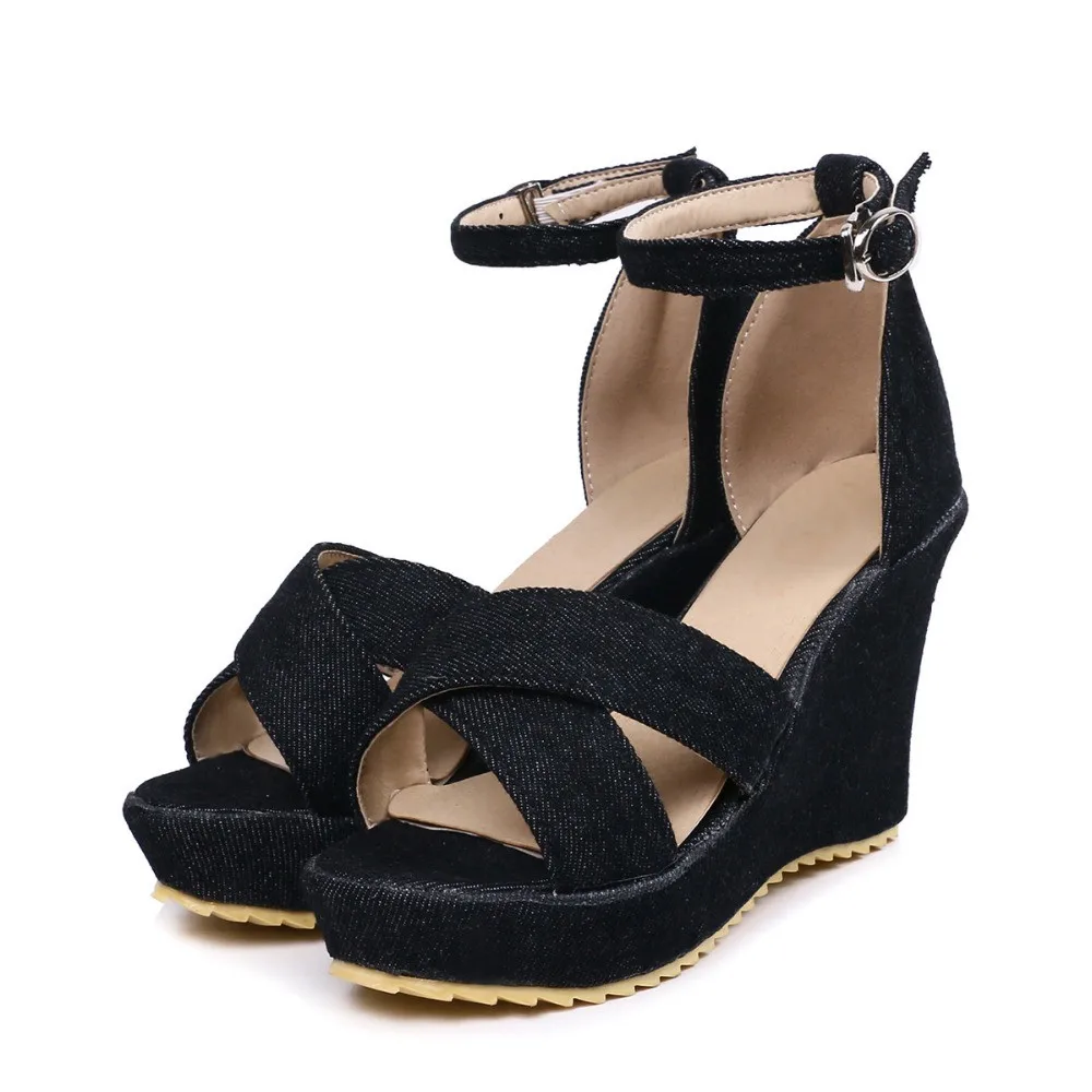 2019 noi sosesc femei sandale denim moda casual pantofi de vara simplu catarama 10cm confortabil pantofi pene femeie negru albastru 39