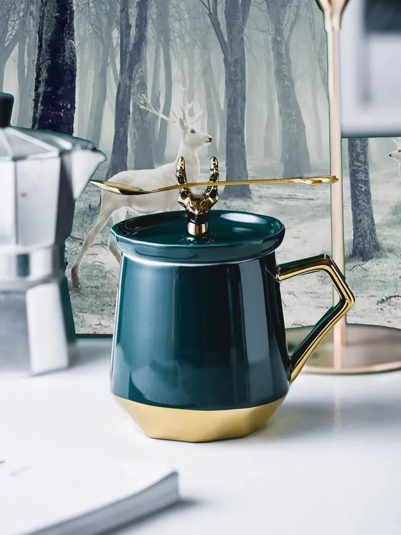 Stil Nordic Căni De Lapte Ceașcă De Cafea Creativ Cu Cerb Capac Inoxidabil Lingura De Locuințe Cană Roz Albastru Verde Gri