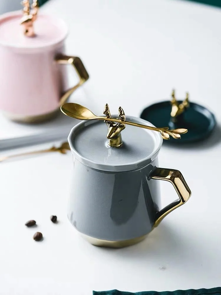 Stil Nordic Căni De Lapte Ceașcă De Cafea Creativ Cu Cerb Capac Inoxidabil Lingura De Locuințe Cană Roz Albastru Verde Gri
