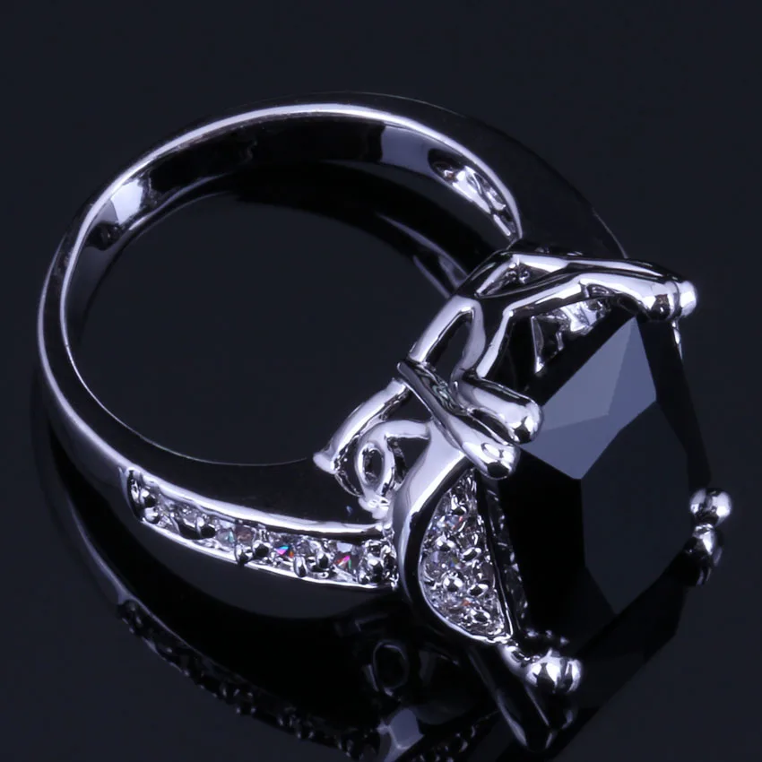 Orbitor Negru Pătrat Cubic Zirconia Albe CZ Placat cu Argint Inel V0606