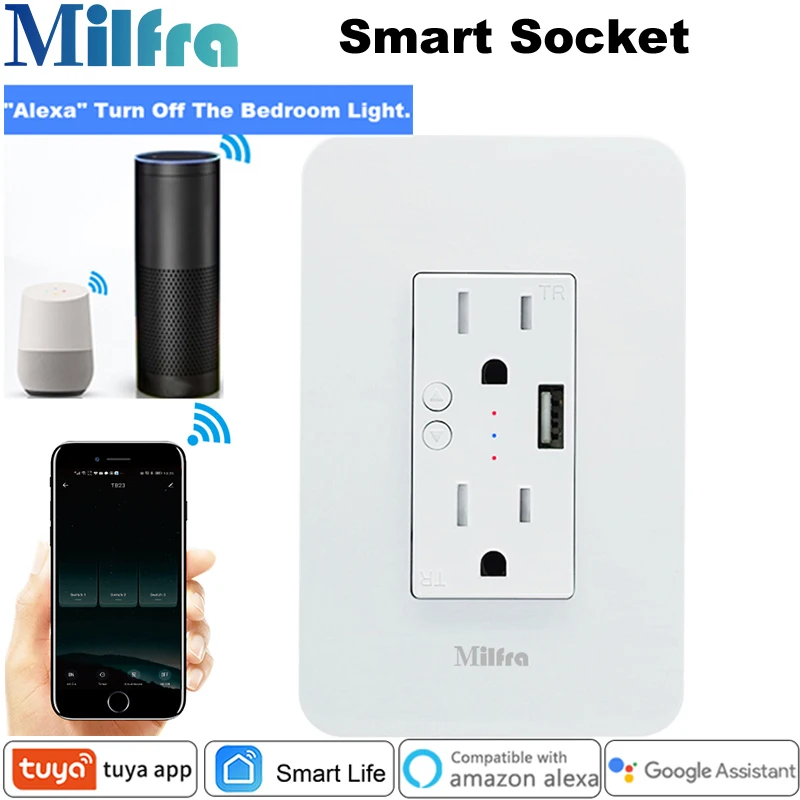 Milfra Wifi Smart Socket Fir Neutru Necesare 5V USB de Încărcare-NE de Perete Priza de Putere pentru Goolge Asistent Alexa Tuya de Viață Inteligentă
