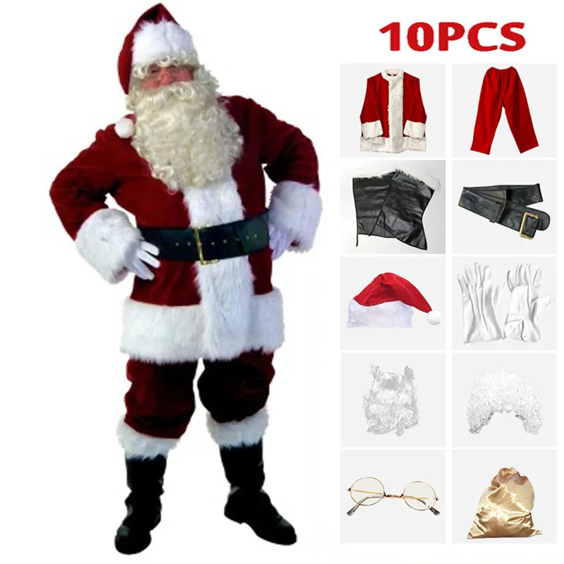 10 BUC/set Bărbat Costum de Mos Craciun Deluxe Velvet crăciun Crăciun Costume Cosplay Costum de Lux+Hat+Barba+Manusi+Set Curea de Haine